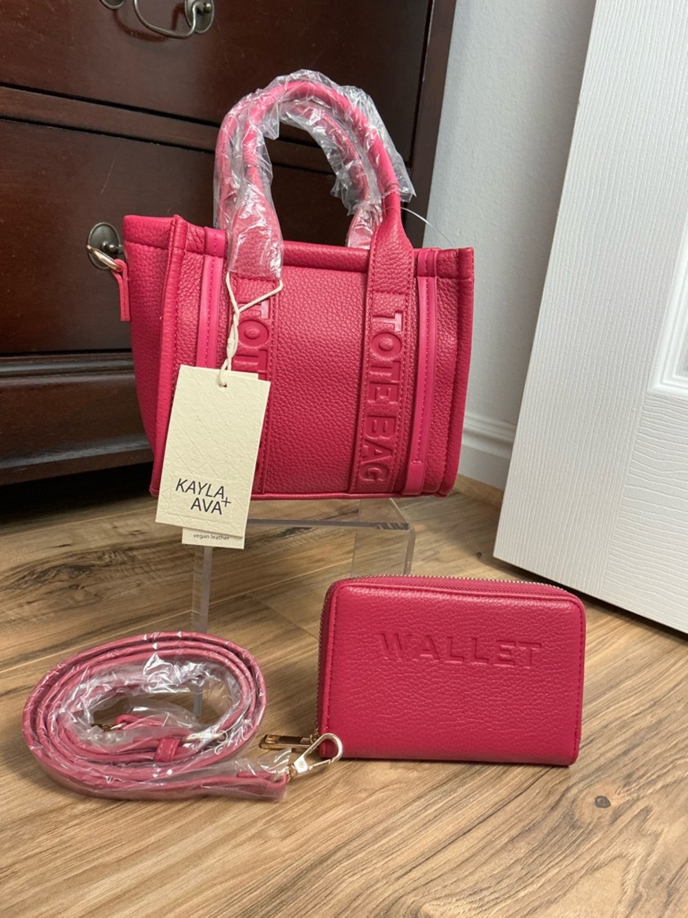 Kayla Ava+ Pink Vegan Leather Mini Tote Bag Wallet Crossbody Set NWT